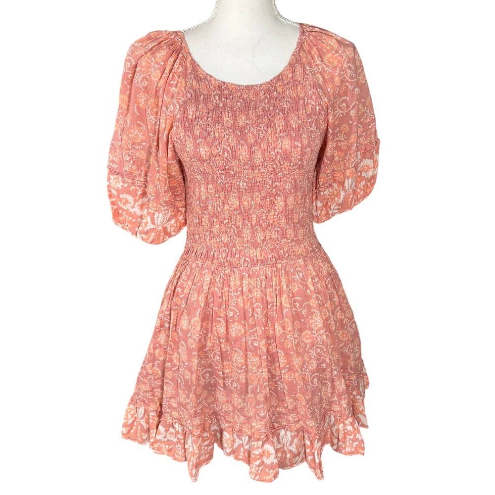 Cleobella Mina Camala Floral Organic Cotton Smocked Mini Dress Puff Sleeve Large